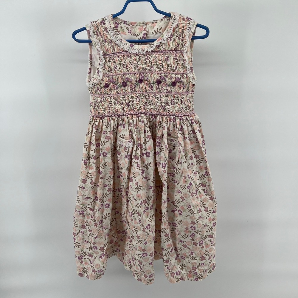 Marks Spencer Kids Girls Floral Smocked Dress Pockets Belt 4-5 Years Embroidered - Picture 2 of 9